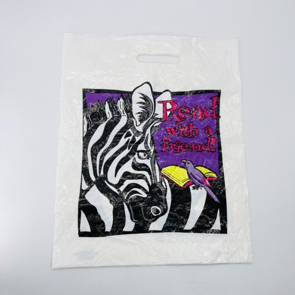 Read With A Friend! Plastic Library Bag Tote Vintage Zebra Bird